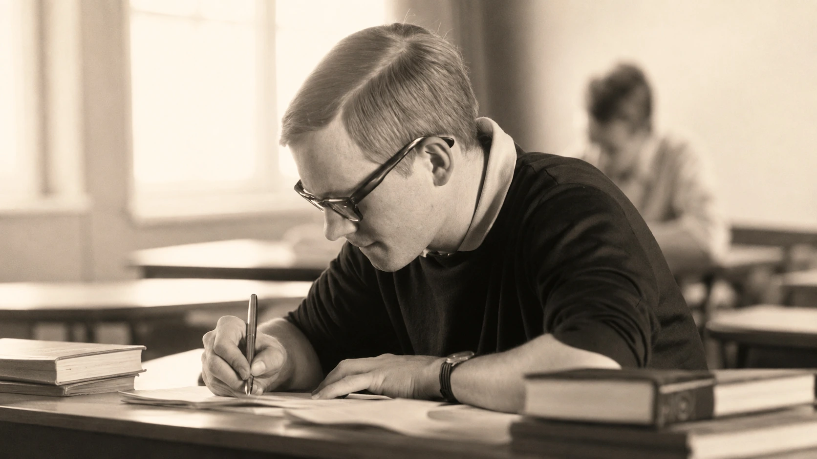 Rolf Becker joven investigando fuentes escritas