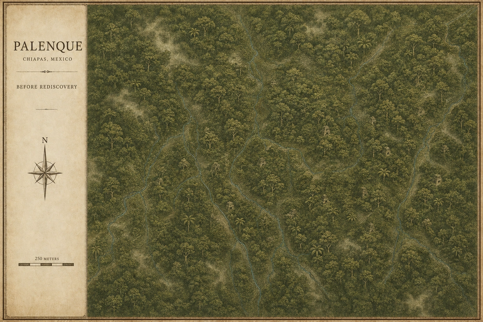 Palenque before rediscovery, covered by jungle