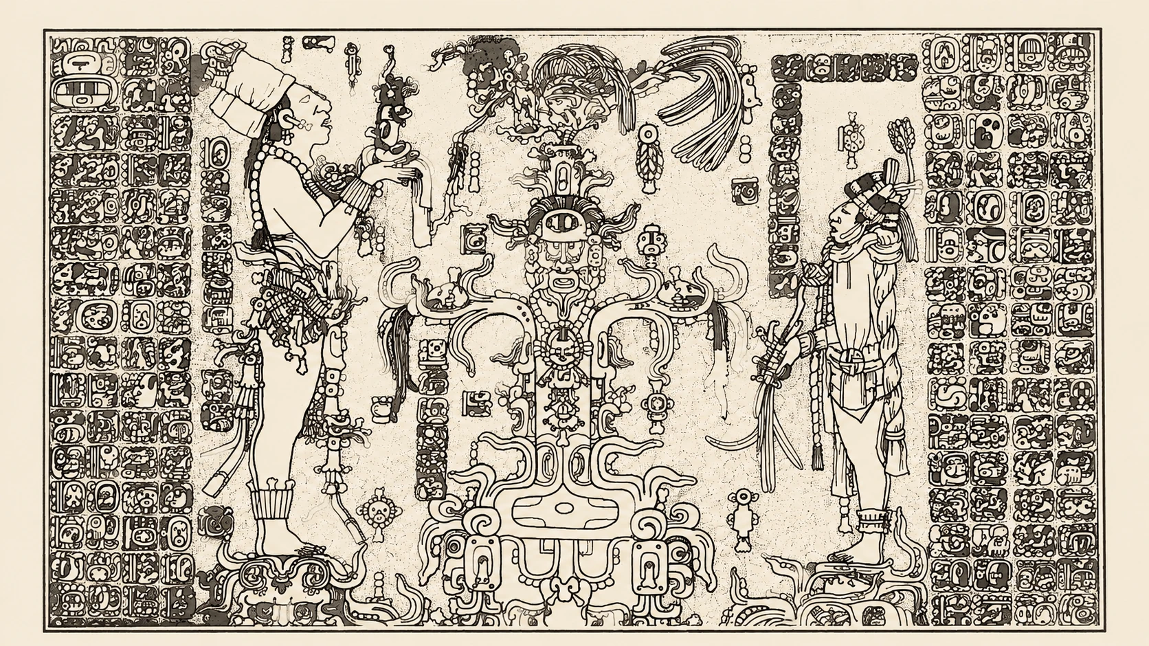 Ceremonial composition with figures and glyphs