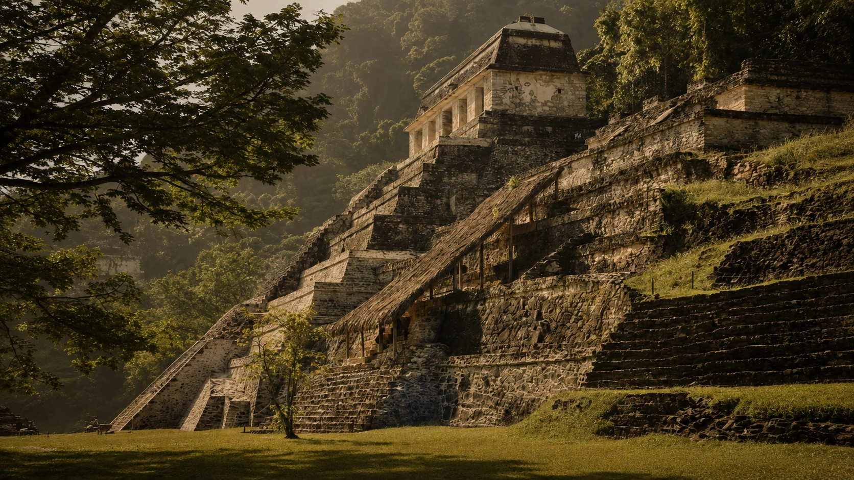 Sonnenbeschienene Tempelterrassen in Palenque.