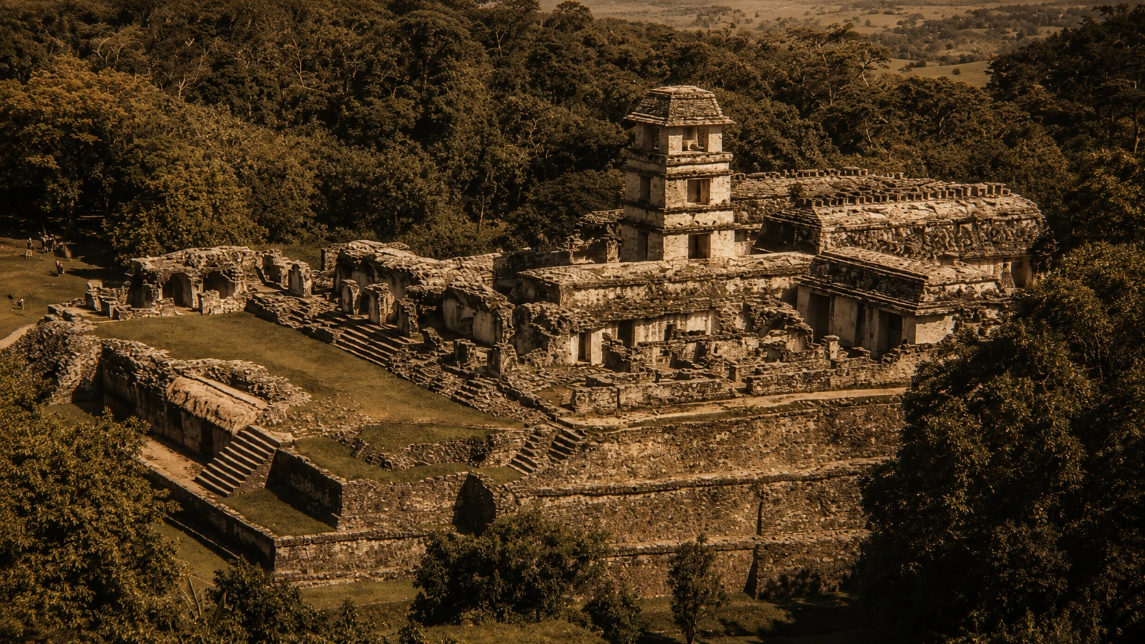 Luftansicht des Palastkomplexes von Palenque.