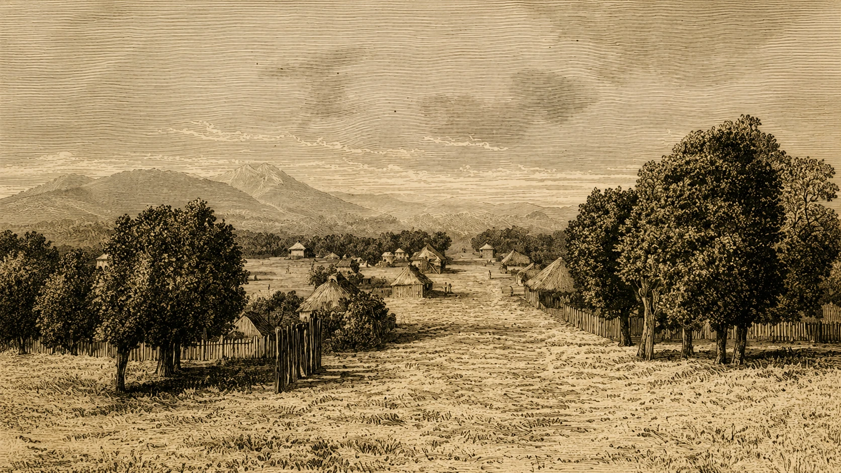 Gravierte ländliche Landschaft mit Straße, Häusern und Bergen in der Ferne.