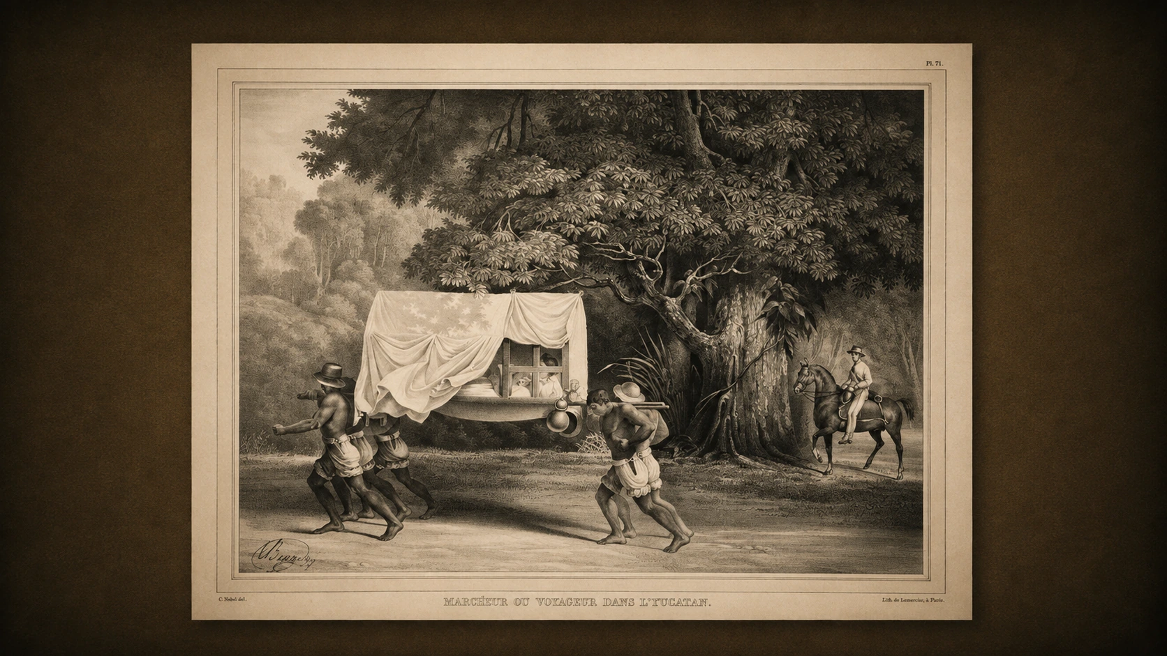 Historischer Druck mit einer getragenen Sänfte auf einer Reise durch die Landschaft.