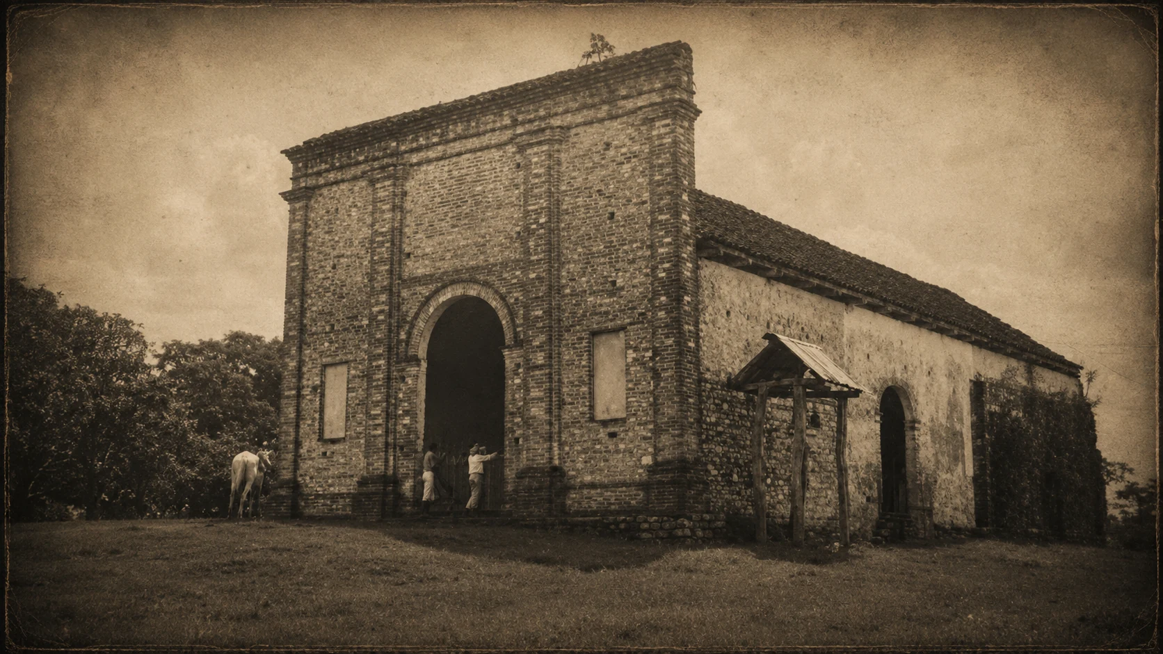 Die Kirche von Santo Domingo del Palenque mit den beiden Tafeln aus dem Heiligtum des Kreuztempels (INAH-37-10-392) Die Kirche von Santo Domingo del Palenque mit den beiden Tafeln aus dem Heiligtum des Kreuztempels (INAH-37-10-392)