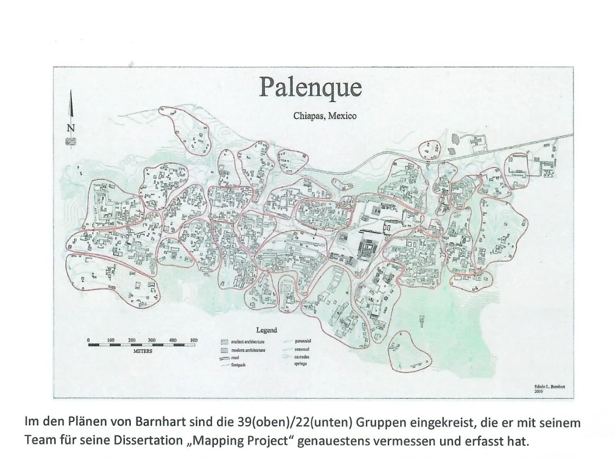 In Barnhart's plans, the 39 (top) / 22 (bottom) groups that he and his team most precisely surveyed and documented for his dissertation “Mapping Project” are circled